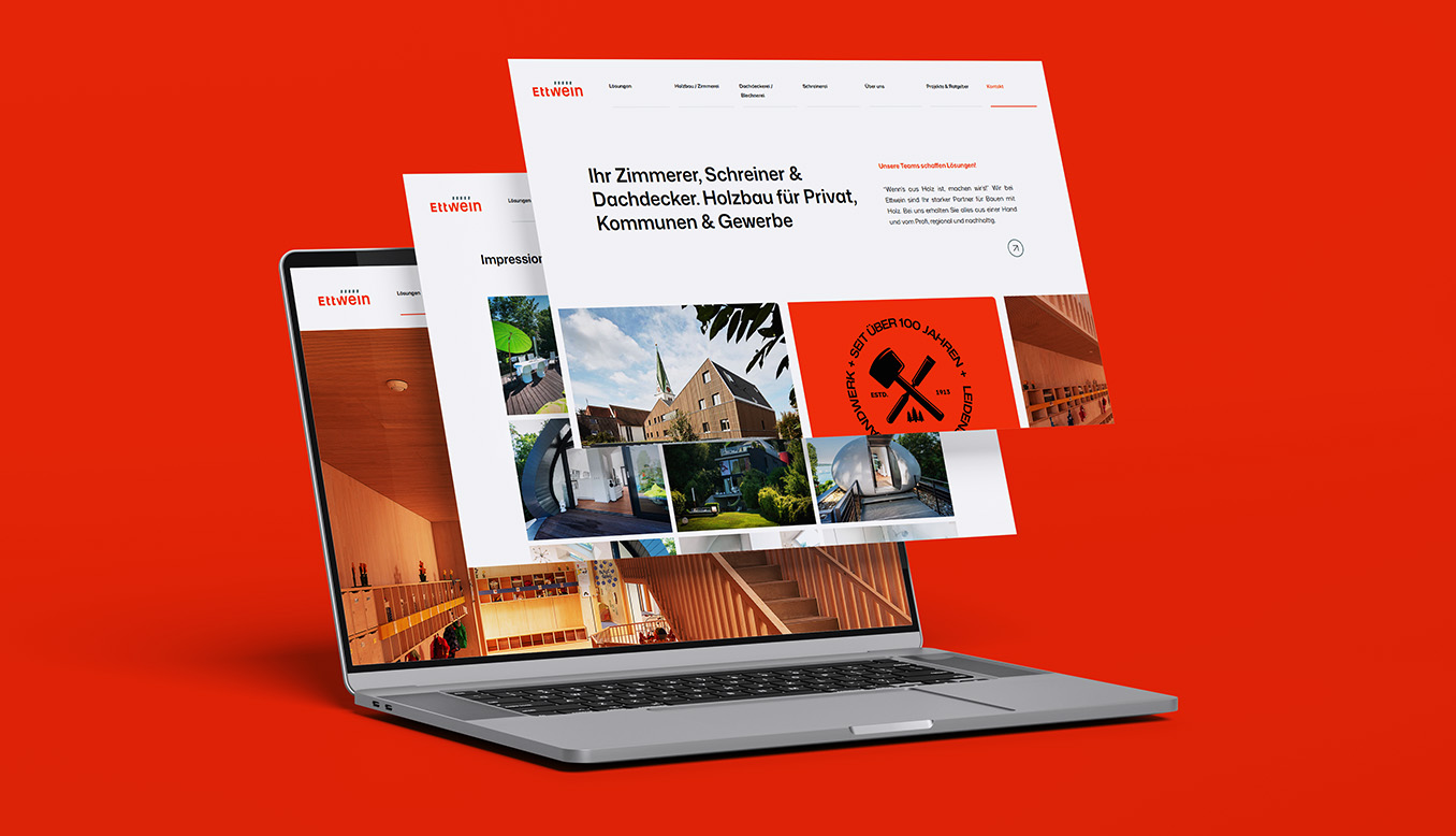 Laptop-Mockup mit Screens der neuen Website der Werner Ettwein GmbH, ergänzt durch schwebende Seitenansichten des responsiven Webdesigns